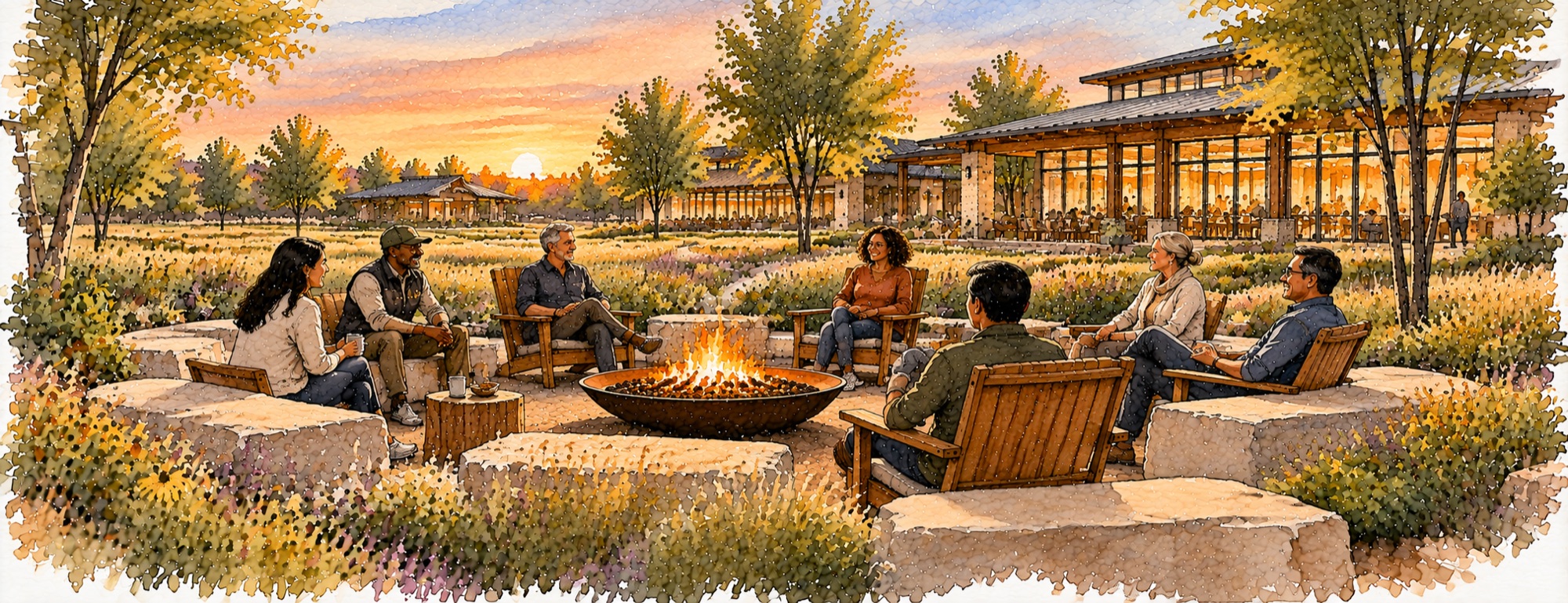 Concept of neighbors gathered around an outdoor fire at sunset