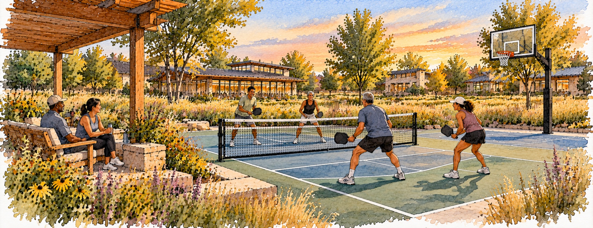 Concept of neighbors playing pickleball on a shared outdoor court