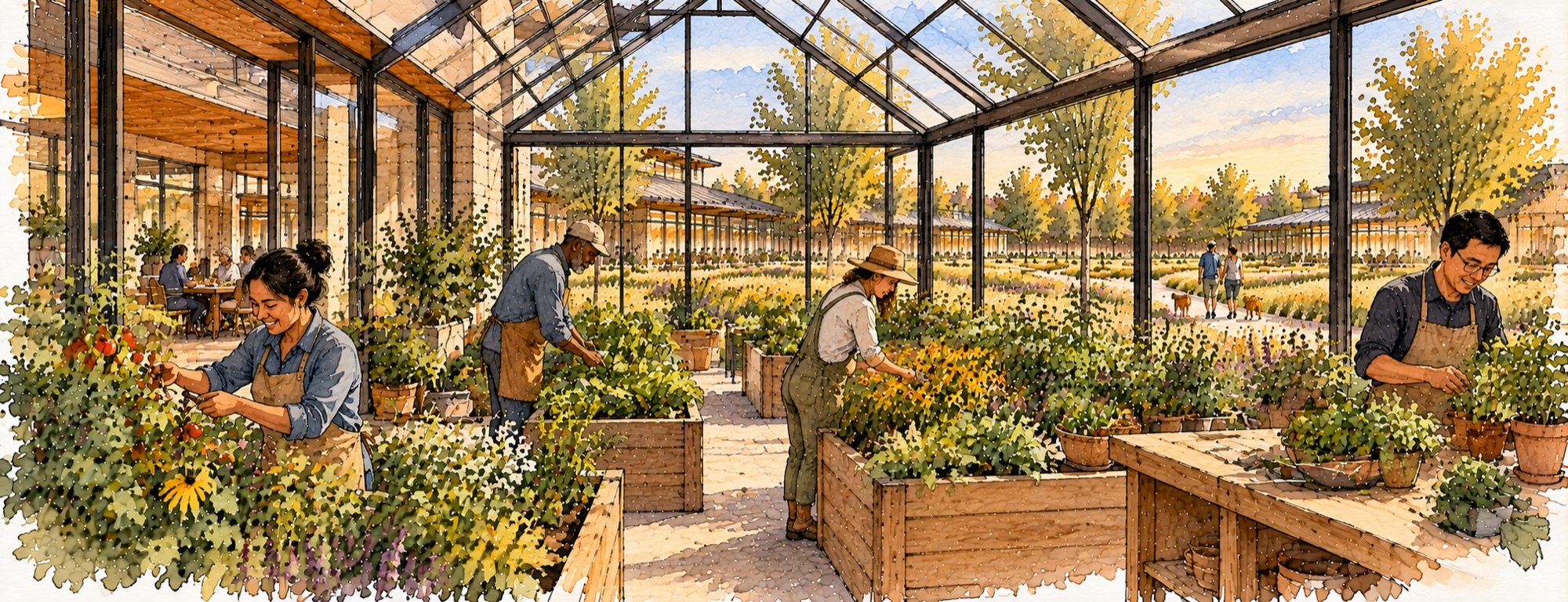 Concept of neighbors tending plants in a shared greenhouse