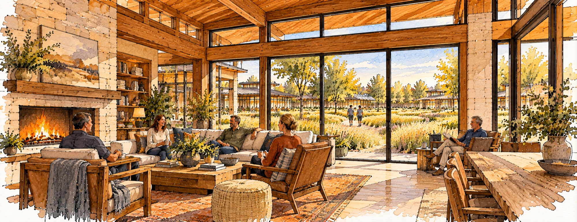 Concept illustration of the shared Haus lounge with a fireplace, comfortable seating, and views into native gardens
