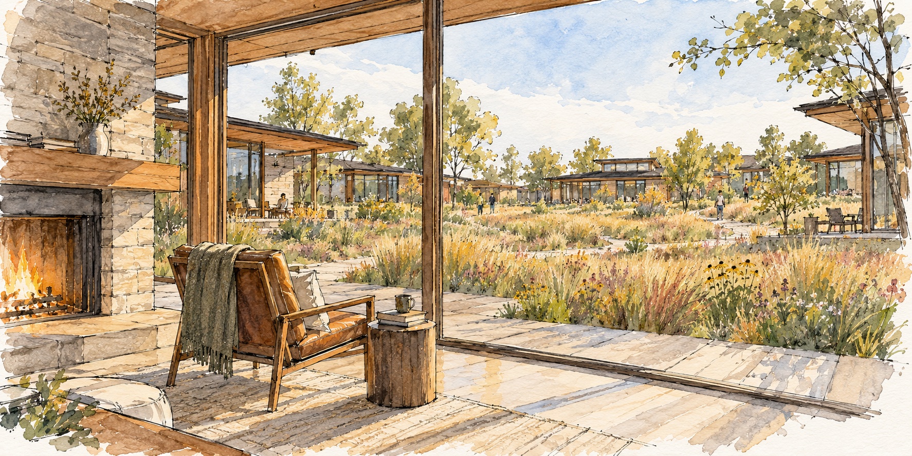 Concept illustration: a quiet private living room with a fireplace and reading chair, looking out across prairie gardens toward the neighborhood
