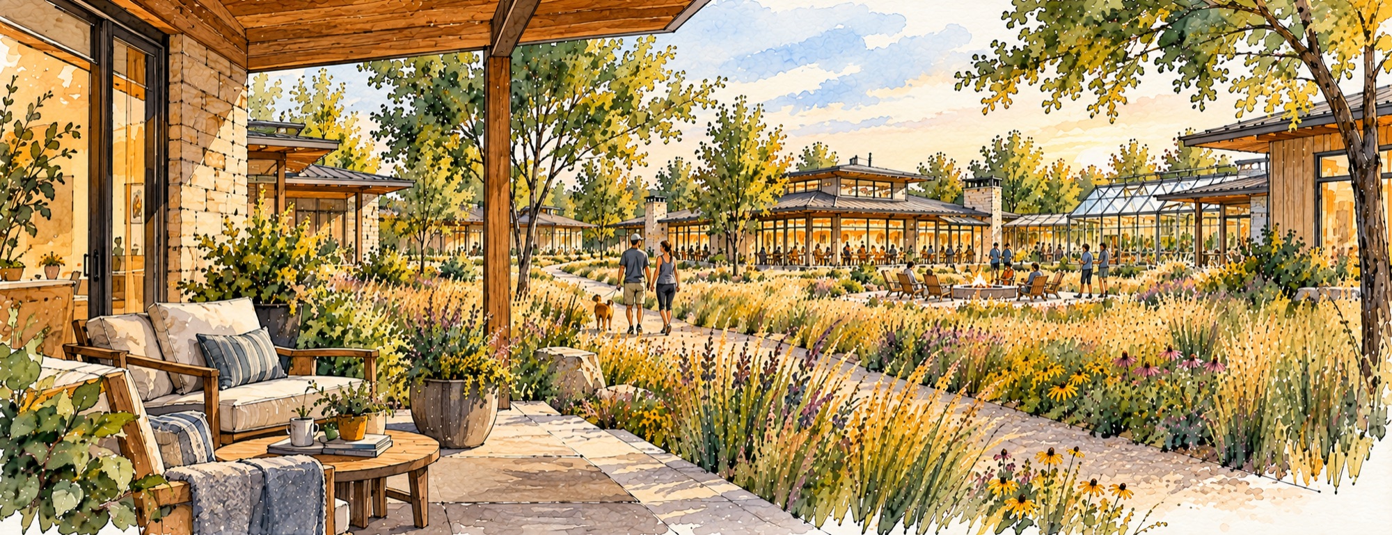 Concept illustration: a private covered porch overlooking prairie gardens, walking paths, and a shared gathering house