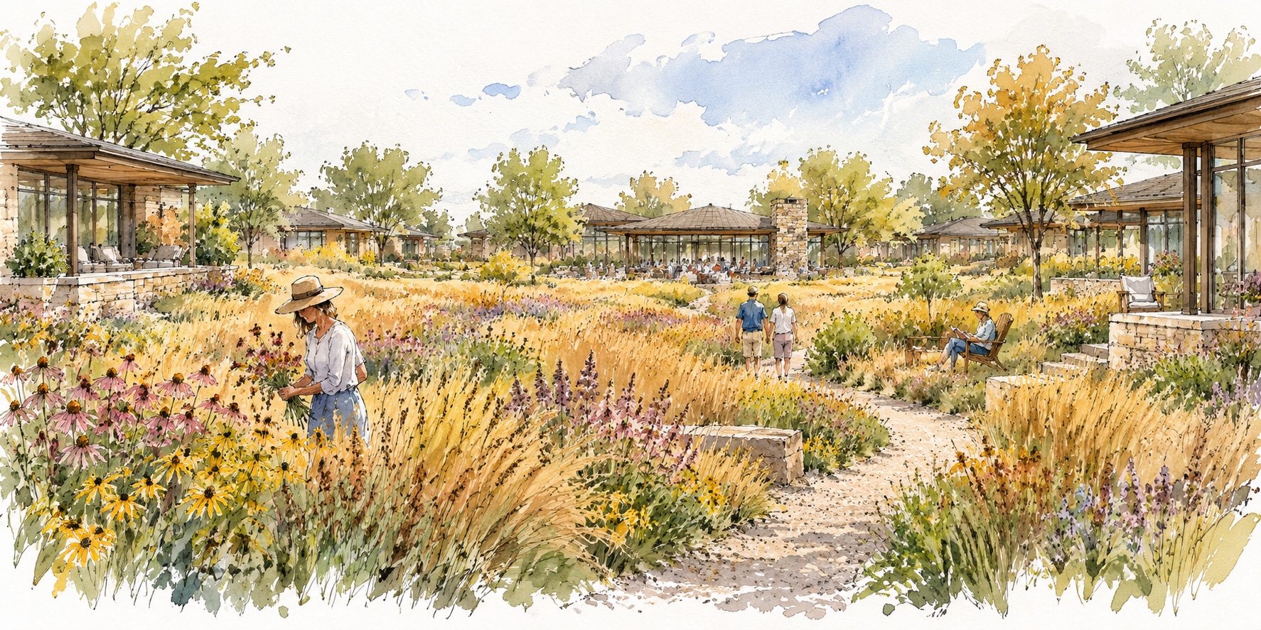 Watercolor concept of the shared Prairie with native grasses, seasonal wildflowers, walking paths, places to sit, private homes, and the Haus beyond