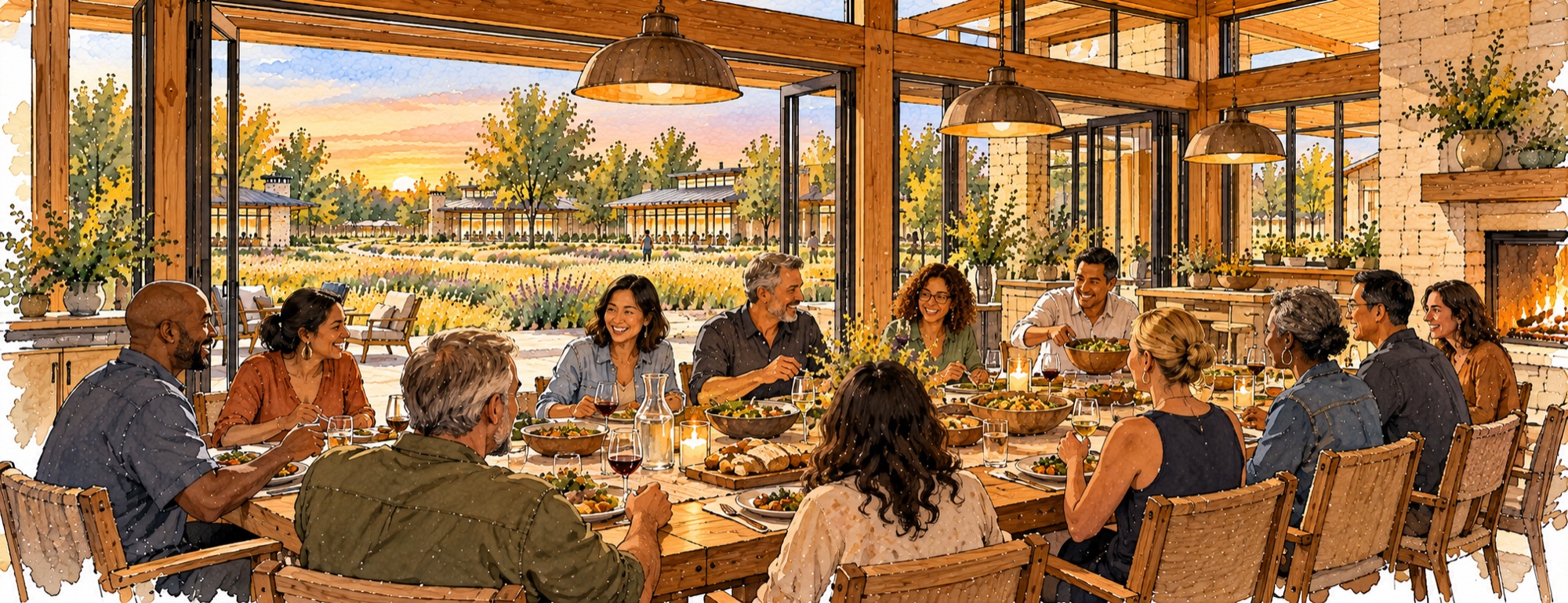 Concept illustration of neighbors sharing dinner at the long dining table inside the Haus