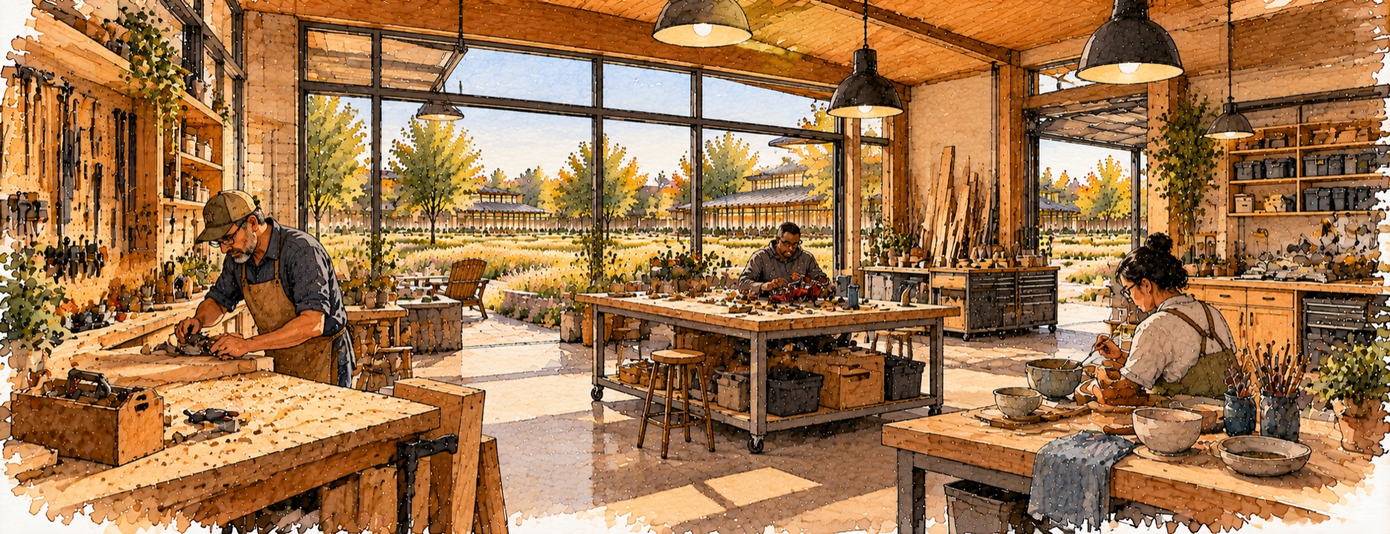 Concept of a shared workshop for woodworking and ceramics